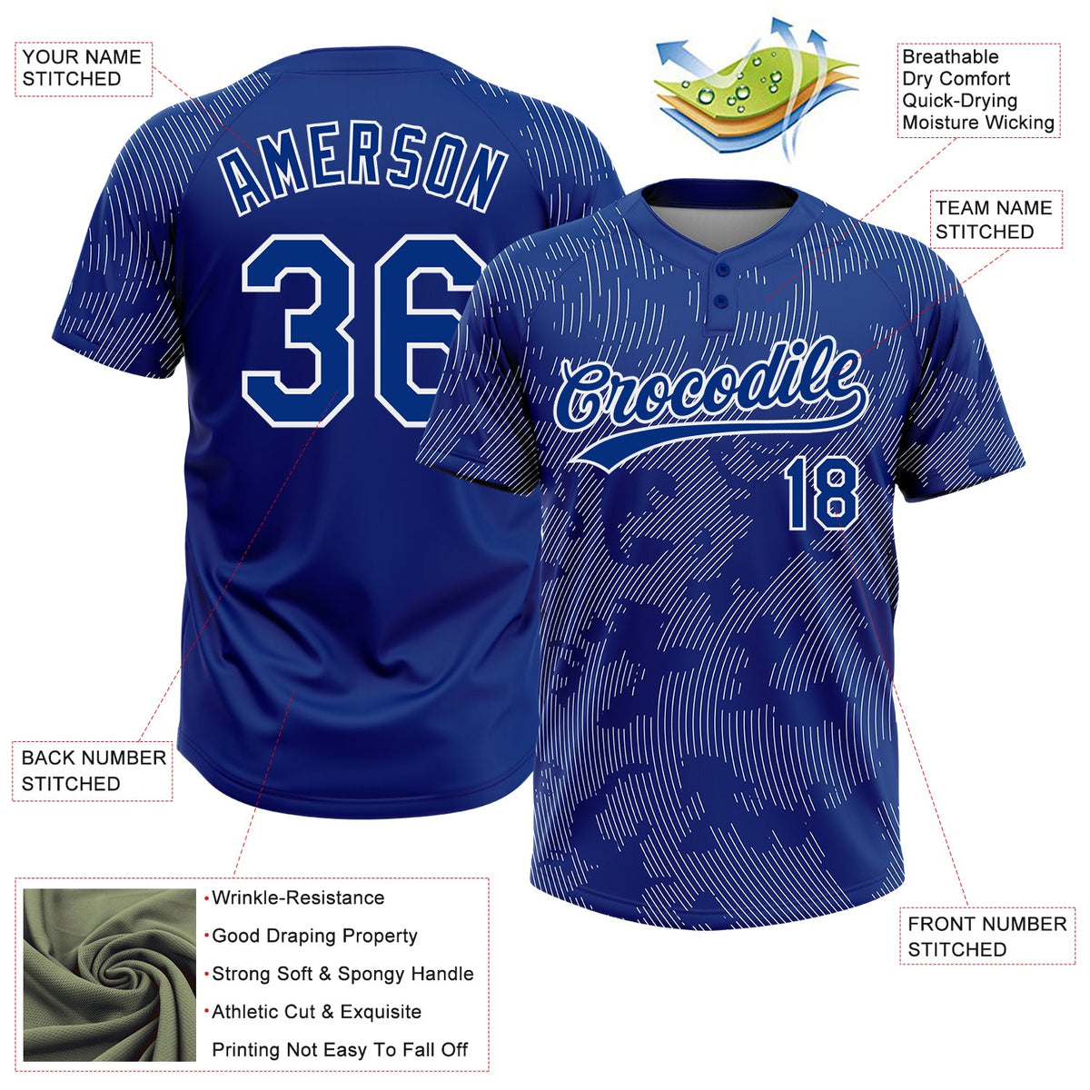 Custom Royal White 3D Pattern Curve Lines Two-Button Unisex Softball Jersey Limited