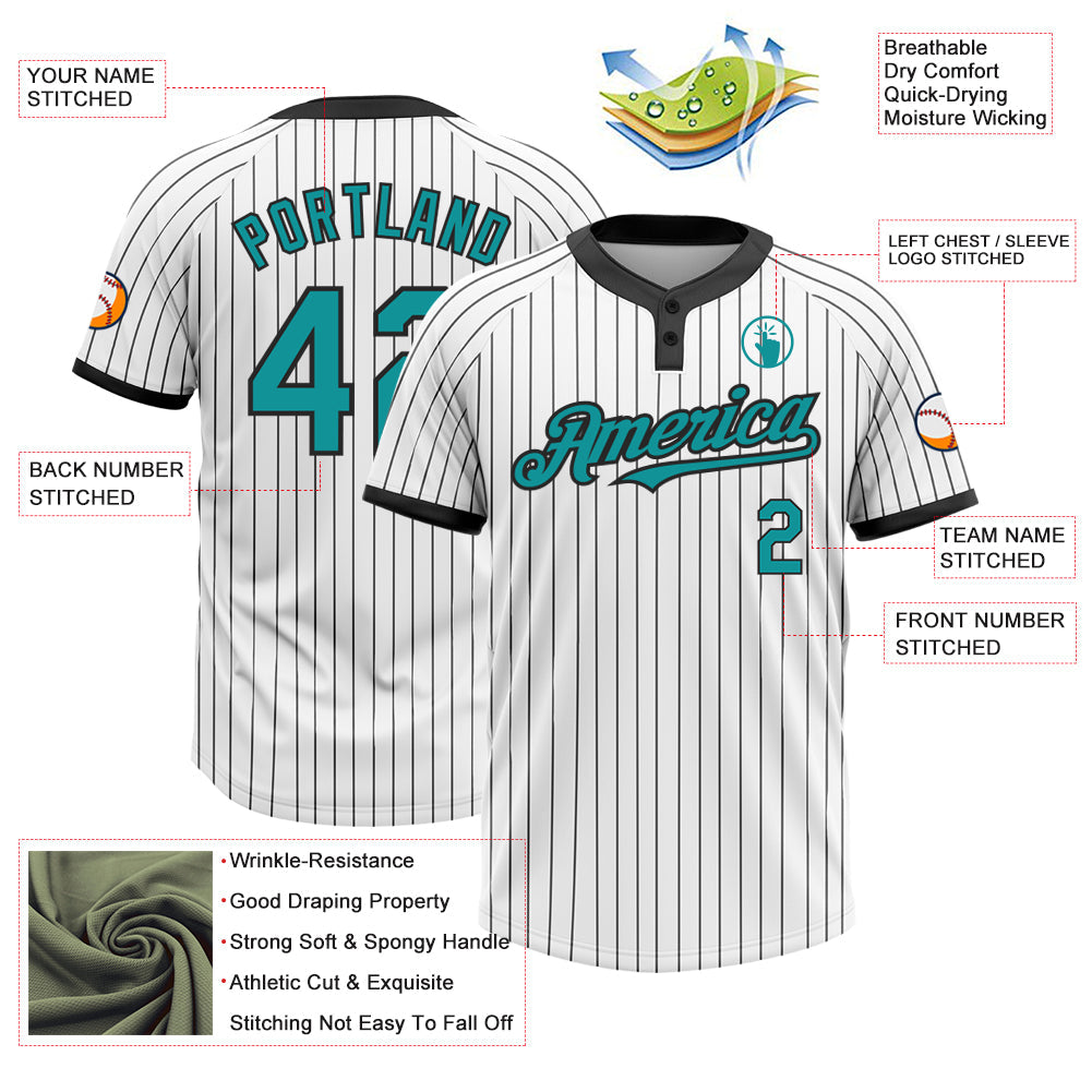 Custom White Black Pinstripe Teal Two-Button Unisex Softball Jersey Limited