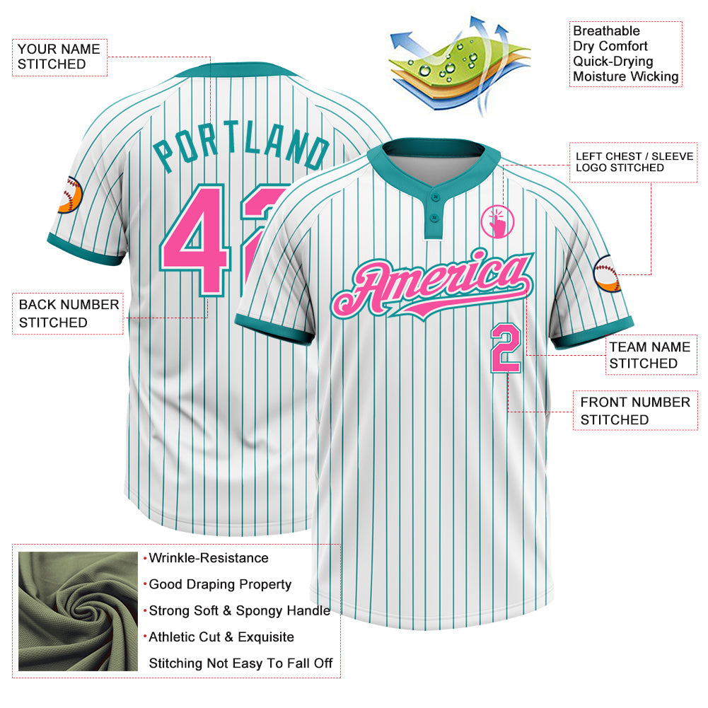 Custom White Teal Pinstripe Pink Two-Button Unisex Softball Jersey Limited