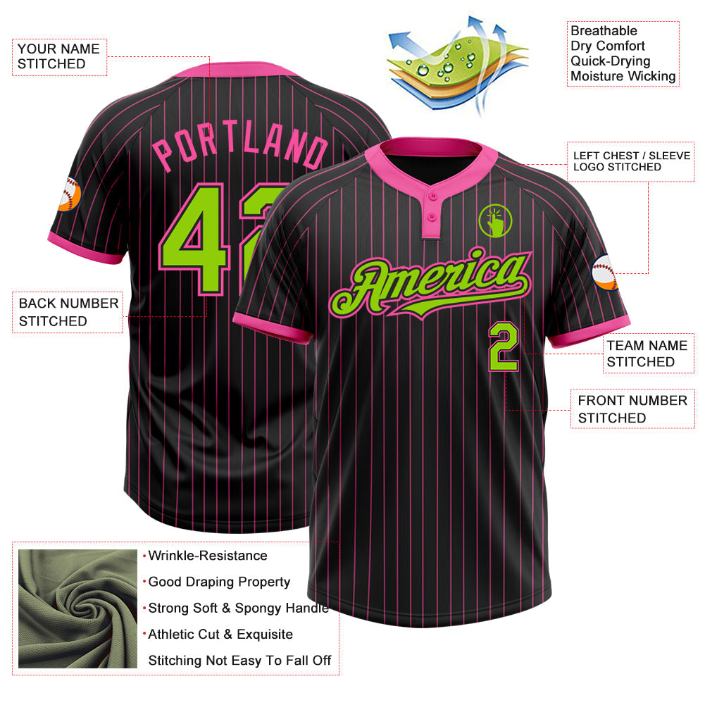 Custom Black Pink Pinstripe Neon Green Two-Button Unisex Softball Jersey Limited
