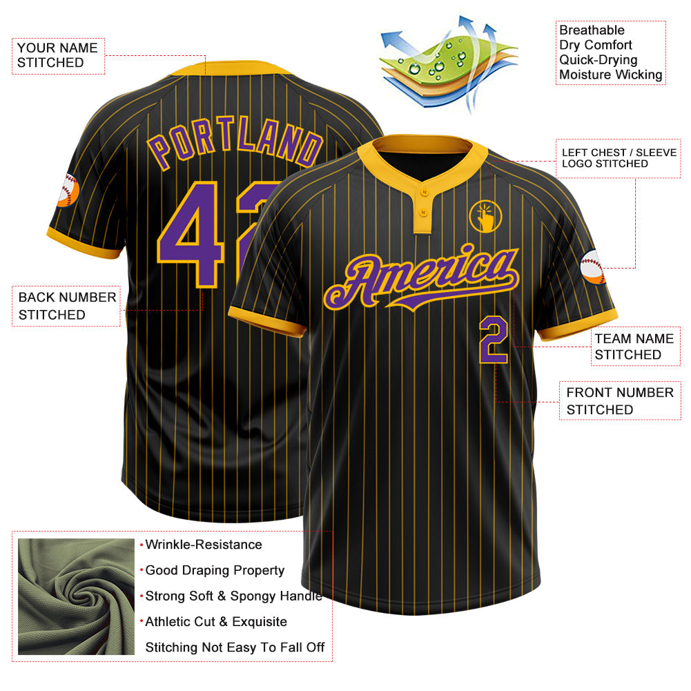 Custom Black Gold Pinstripe Purple Two-Button Unisex Softball Jersey Limited