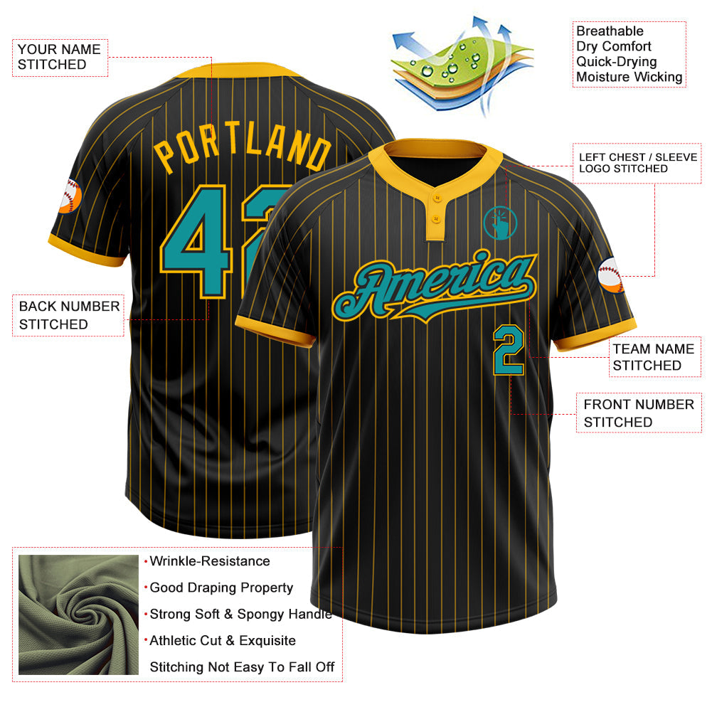 Custom Black Gold Pinstripe Teal Two-Button Unisex Softball Jersey Limited