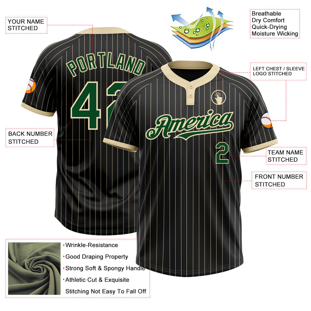 Custom Black Cream Pinstripe Green Two-Button Unisex Softball Jersey Limited