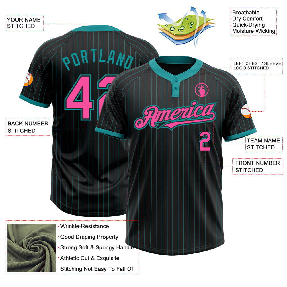 Custom Black Teal Pinstripe Pink Two-Button Unisex Softball Jersey Limited