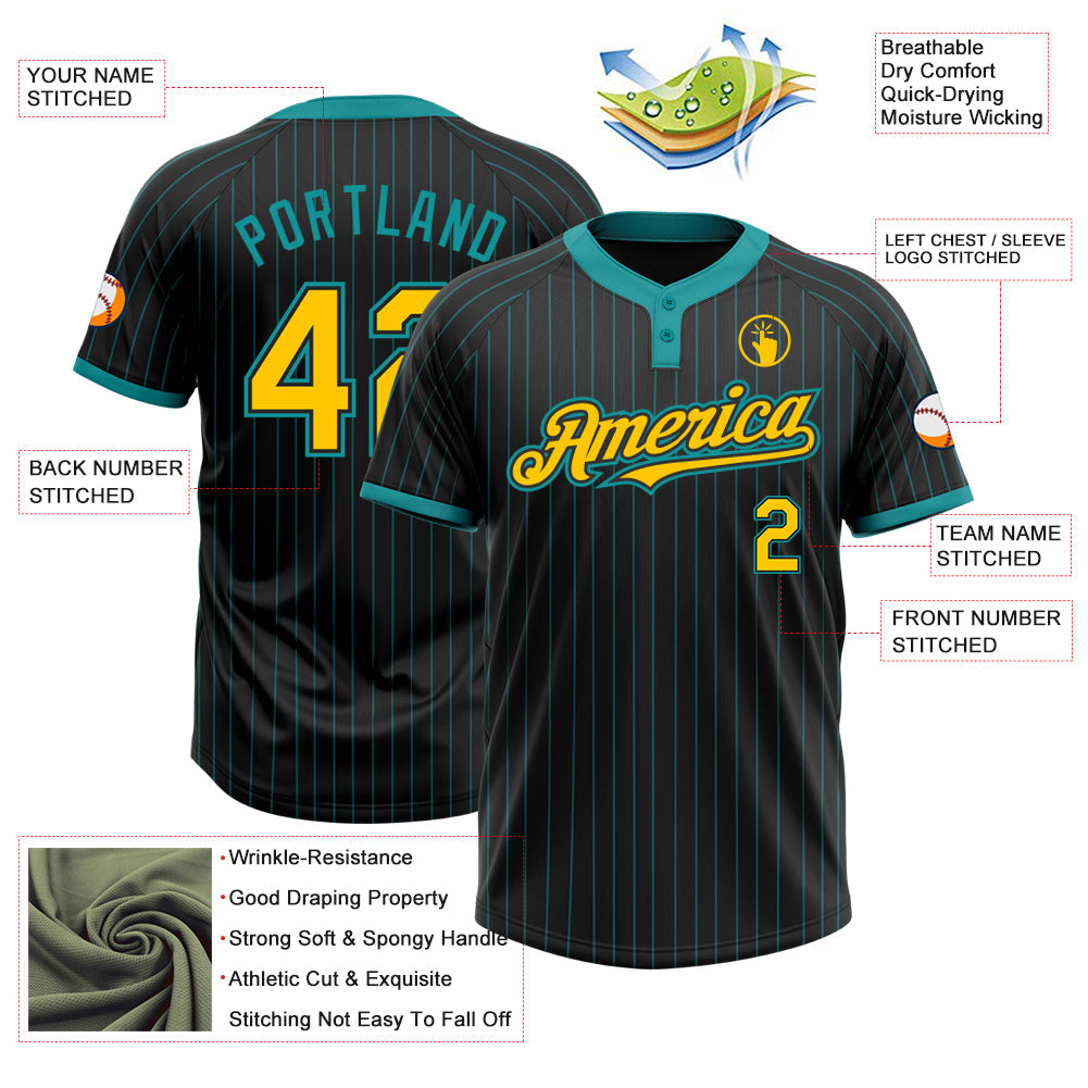 Custom Black Teal Pinstripe Yellow Two-Button Unisex Softball Jersey Limited