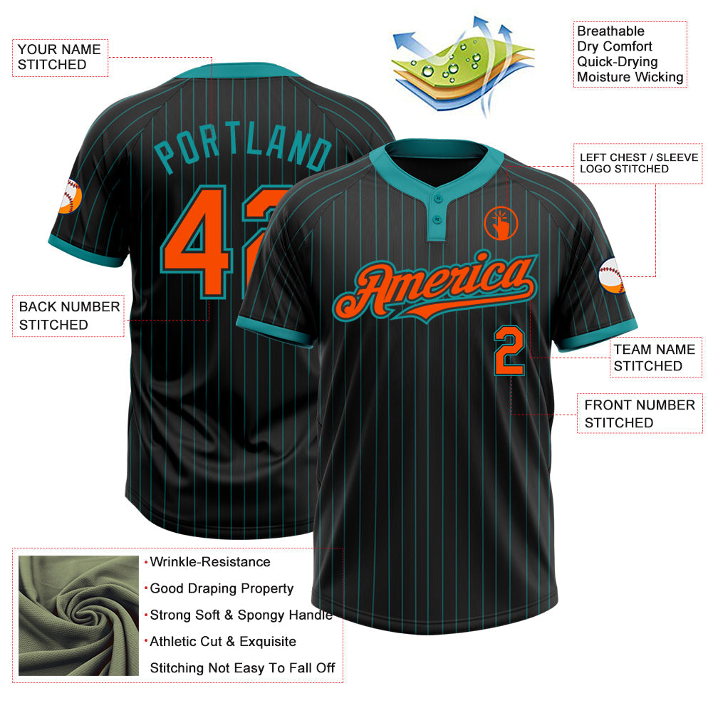 Custom Black Teal Pinstripe Orange Two-Button Unisex Softball Jersey Limited