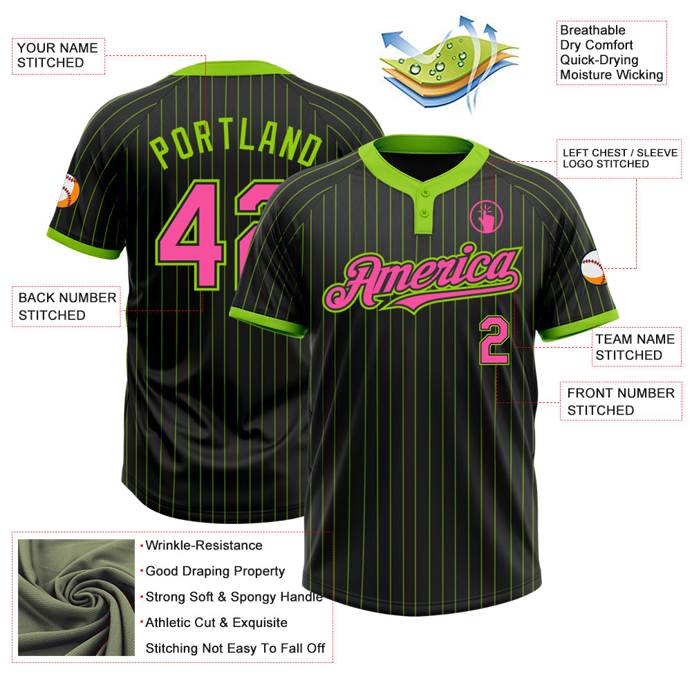Custom Black Neon Green Pinstripe Pink Two-Button Unisex Softball Jersey Limited