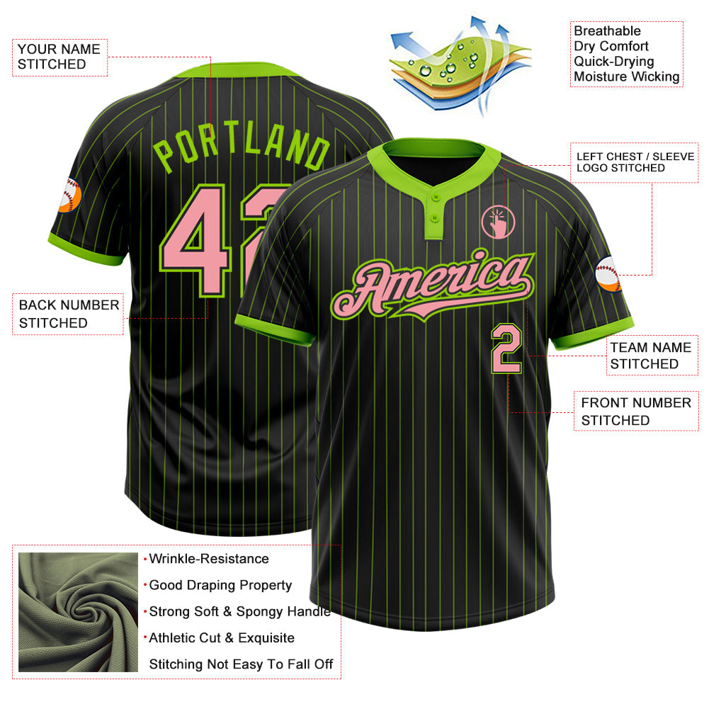 Custom Black Neon Green Pinstripe Medium Pink Two-Button Unisex Softball Jersey Limited