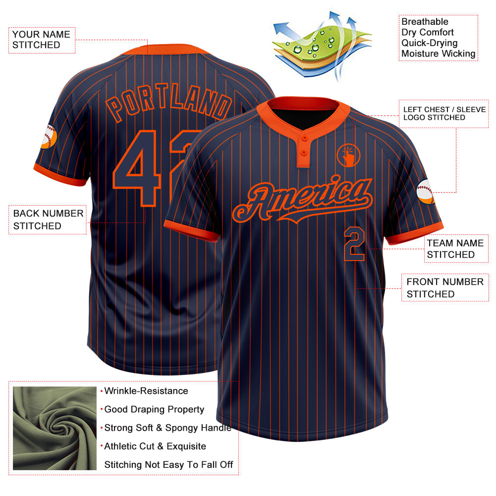 Custom Navy Orange Pinstripe Orange Two-Button Unisex Softball Jersey Limited