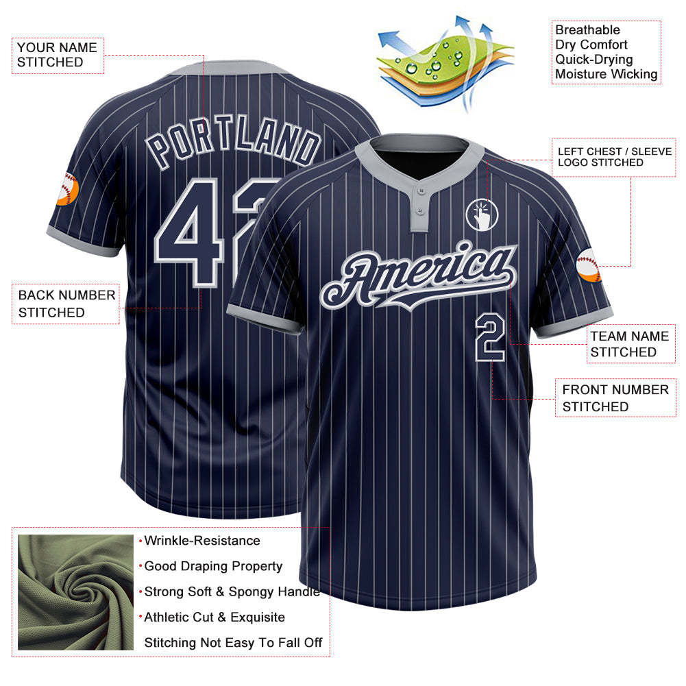 Custom Navy Gray Pinstripe White Two-Button Unisex Softball Jersey Limited