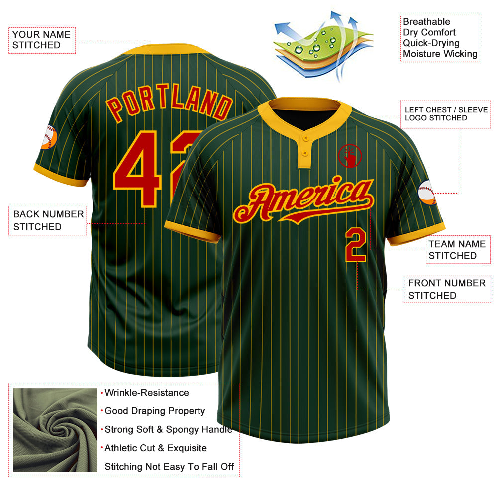 Custom Green Gold Pinstripe Red Two-Button Unisex Softball Jersey Limited