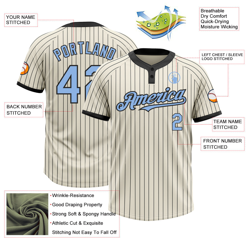 Custom Cream Black Pinstripe Light Blue Two-Button Unisex Softball Jersey Limited