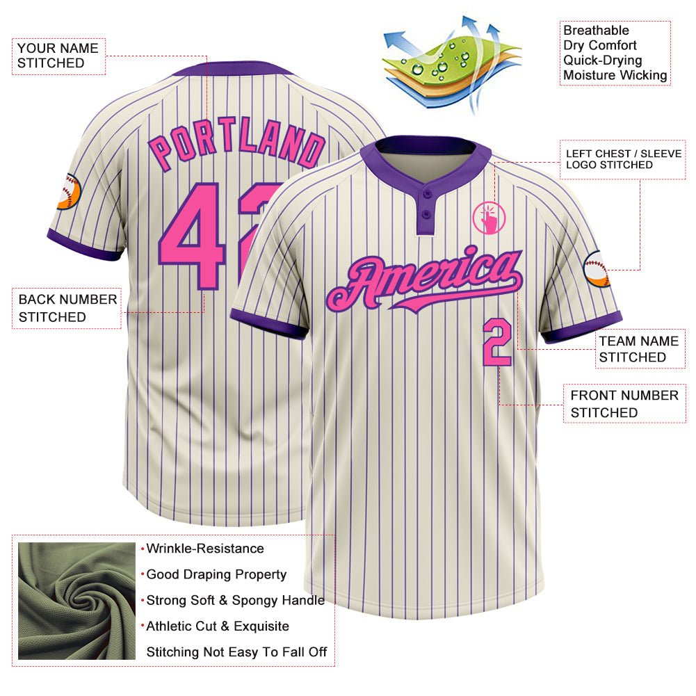 Custom Cream Purple Pinstripe Pink Two-Button Unisex Softball Jersey Limited