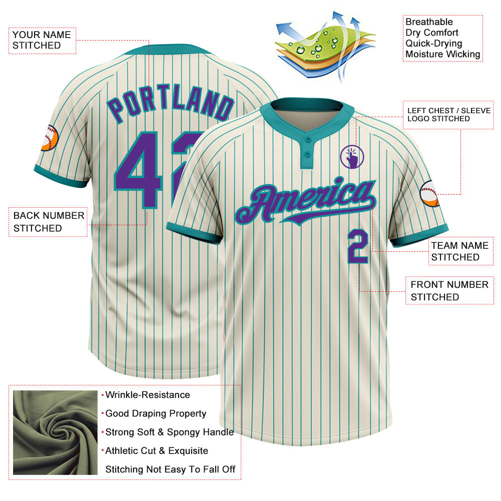 Custom Cream Teal Pinstripe Purple Two-Button Unisex Softball Jersey Limited