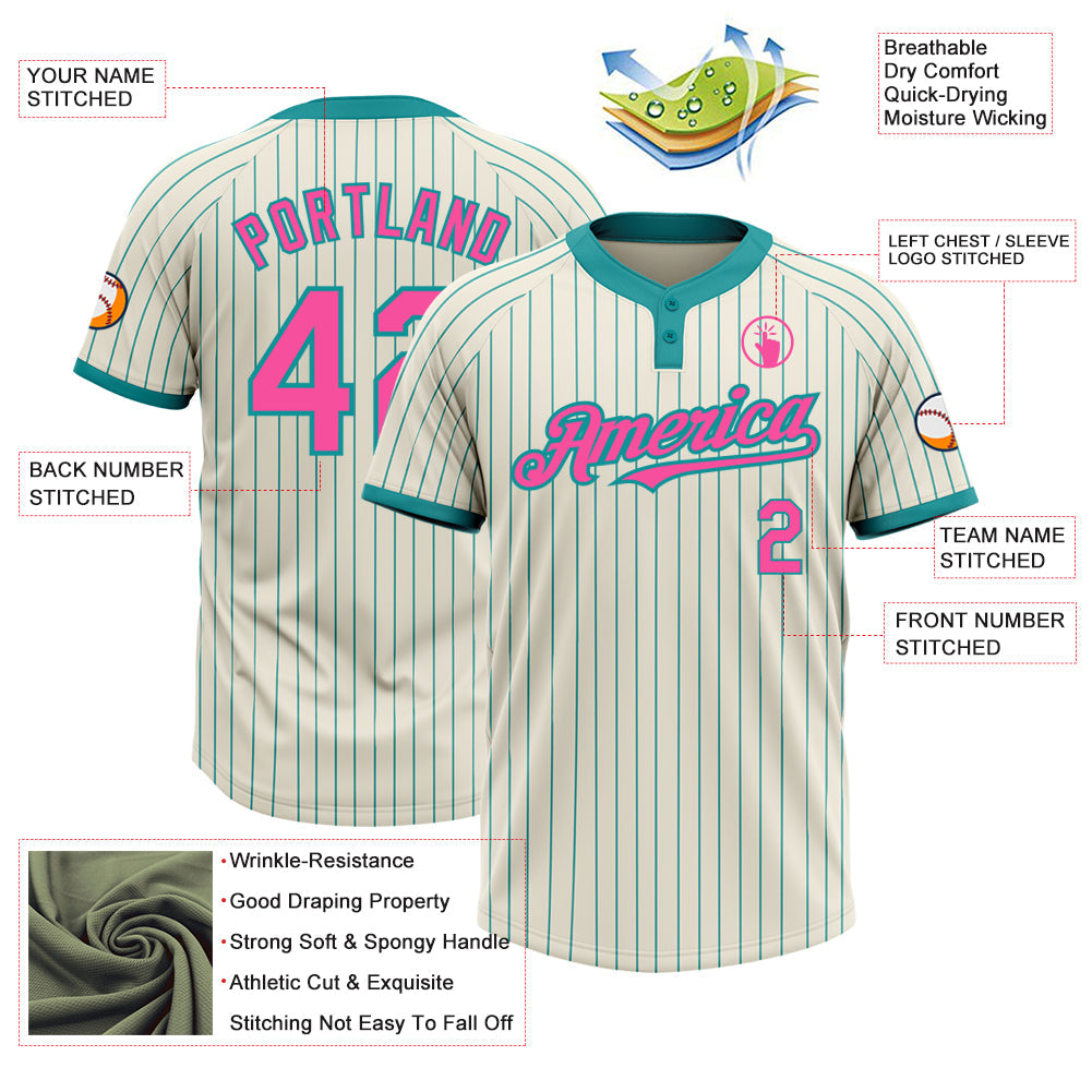 Custom Cream Teal Pinstripe Pink Two-Button Unisex Softball Jersey Limited