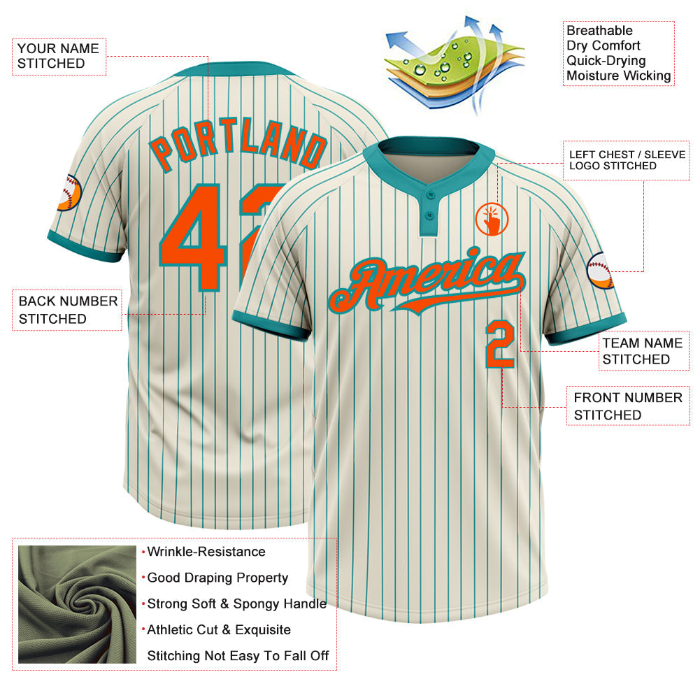 Custom Cream Teal Pinstripe Orange Two-Button Unisex Softball Jersey Limited