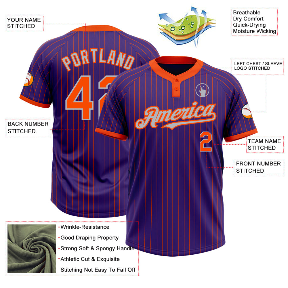 Custom Purple Orange Pinstripe Gray Two-Button Unisex Softball Jersey Limited