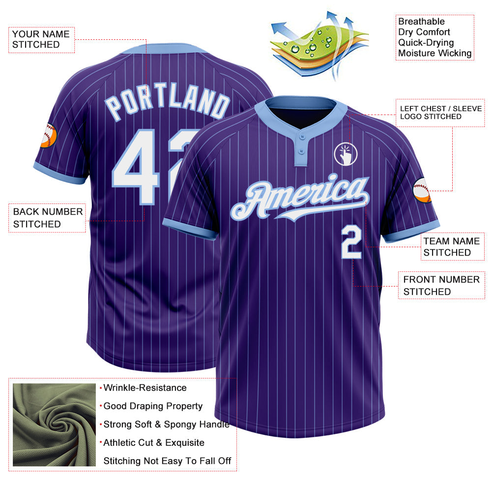 Custom Purple Light Blue Pinstripe White Two-Button Unisex Softball Jersey Limited