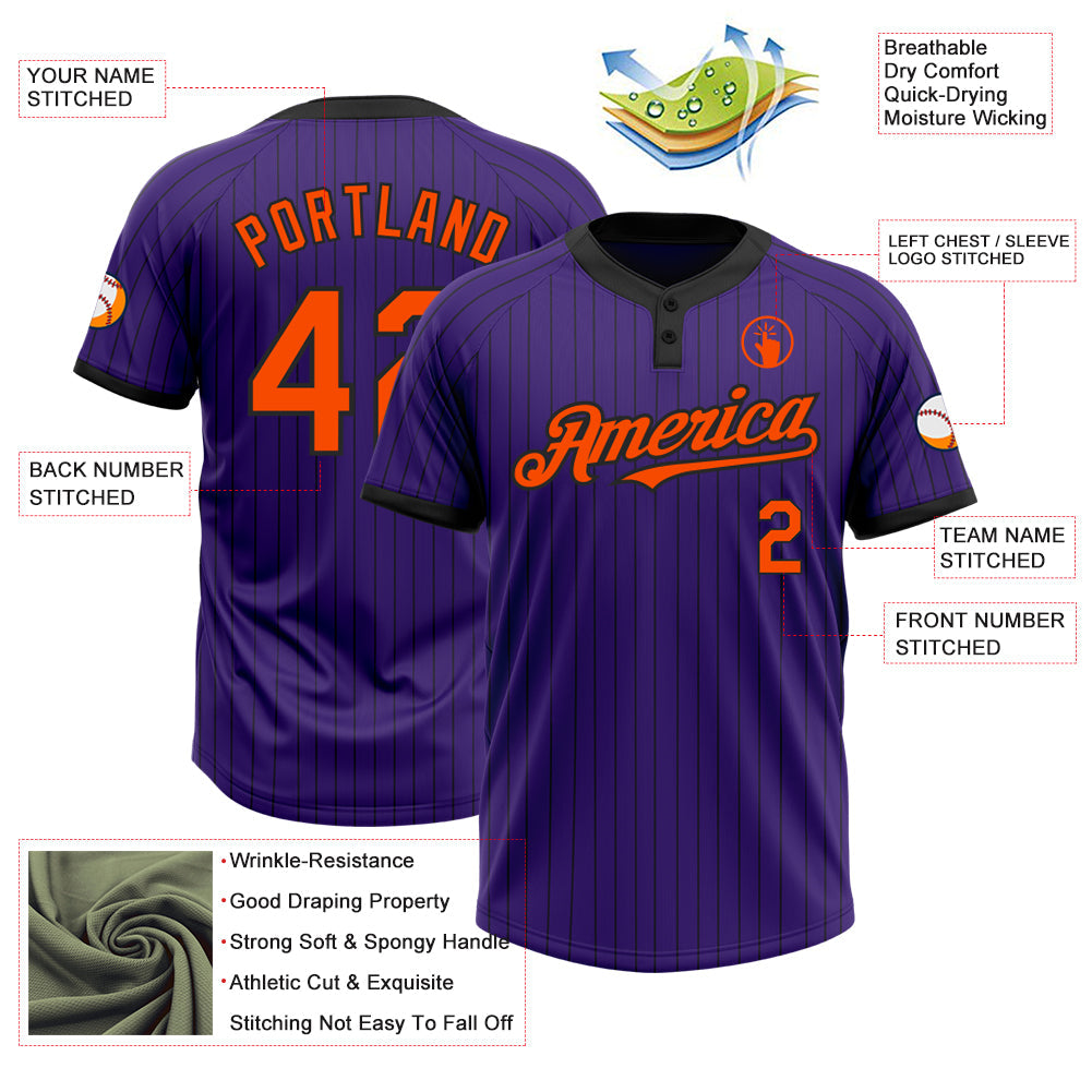 Custom Purple Black Pinstripe Orange Two-Button Unisex Softball Jersey Limited