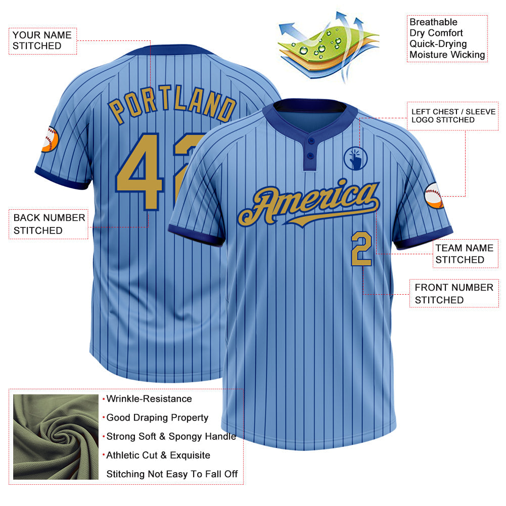 Custom Light Blue Royal Pinstripe Old Gold Two-Button Unisex Softball Jersey Limited