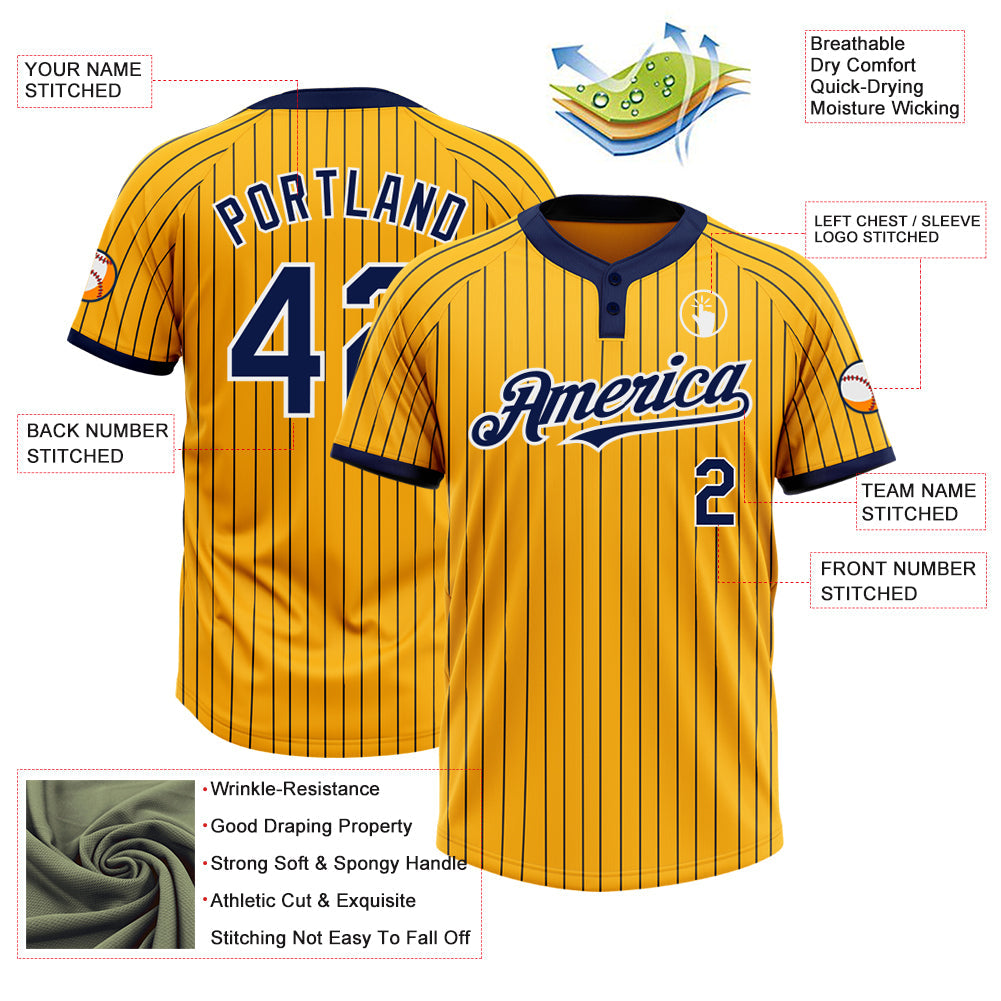 Custom Gold Navy Pinstripe White Two-Button Unisex Softball Jersey Limited