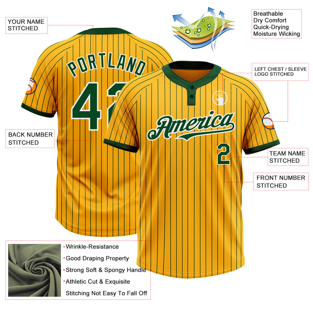 Custom Gold Green Pinstripe White Two-Button Unisex Softball Jersey Limited