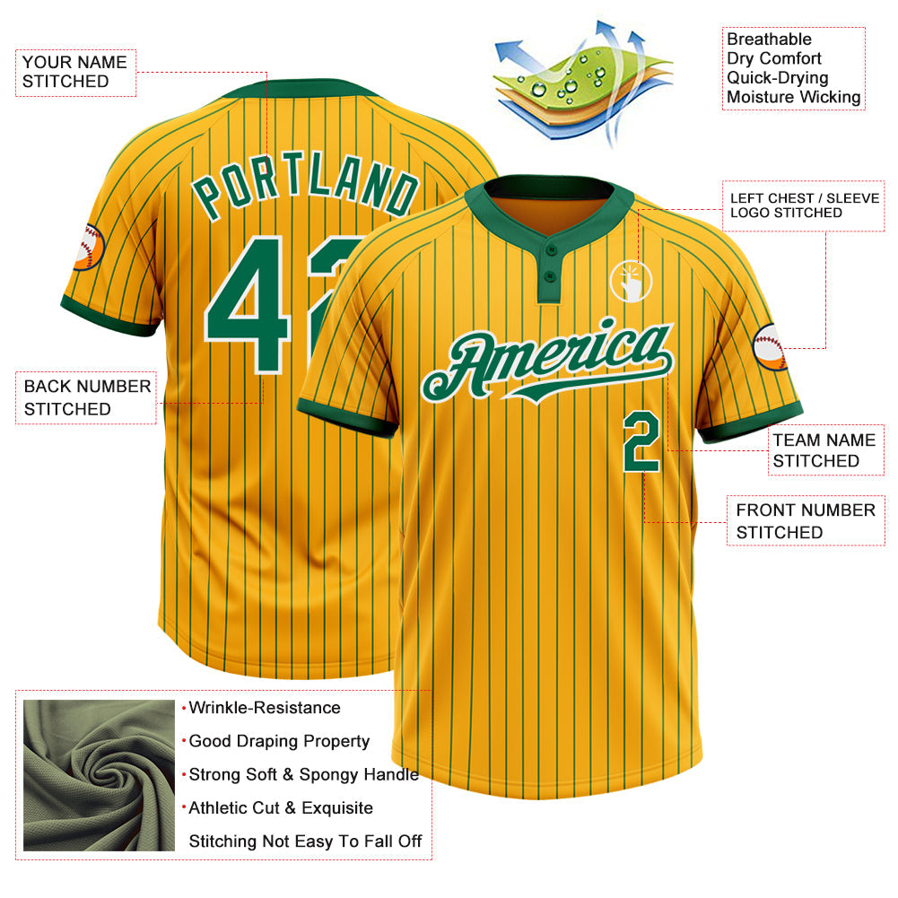 Custom Gold Kelly Green Pinstripe White Two-Button Unisex Softball Jersey Limited