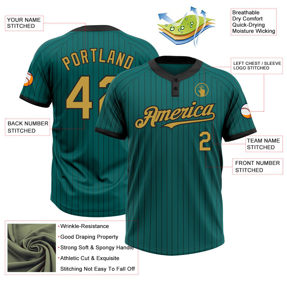 Custom Teal Black Pinstripe Old Gold Two-Button Unisex Softball Jersey Limited