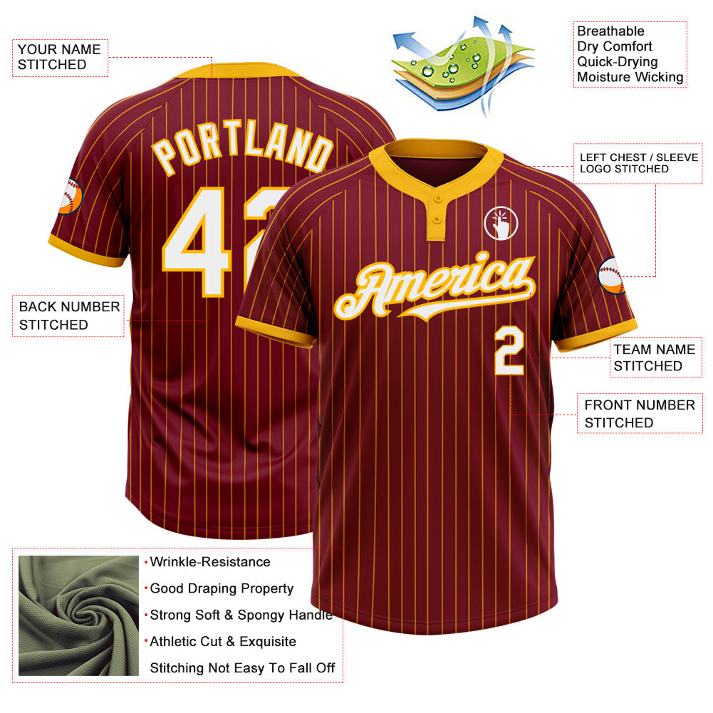 Custom Crimson Gold Pinstripe White Two-Button Unisex Softball Jersey Limited