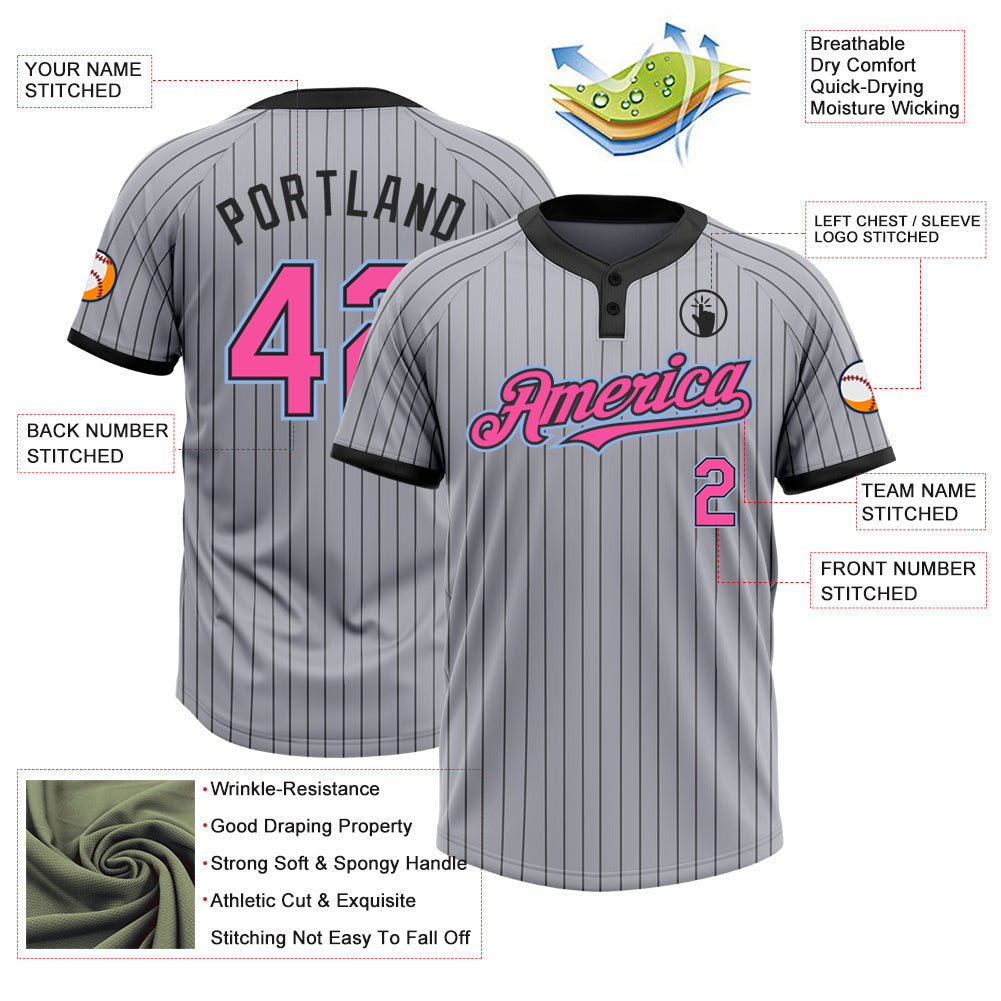 Custom Gray Black Pinstripe Pink-Light Blue Two-Button Unisex Softball Jersey Limited