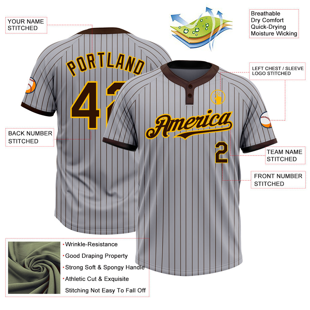 Custom Gray Brown Pinstripe Gold Two-Button Unisex Softball Jersey Limited