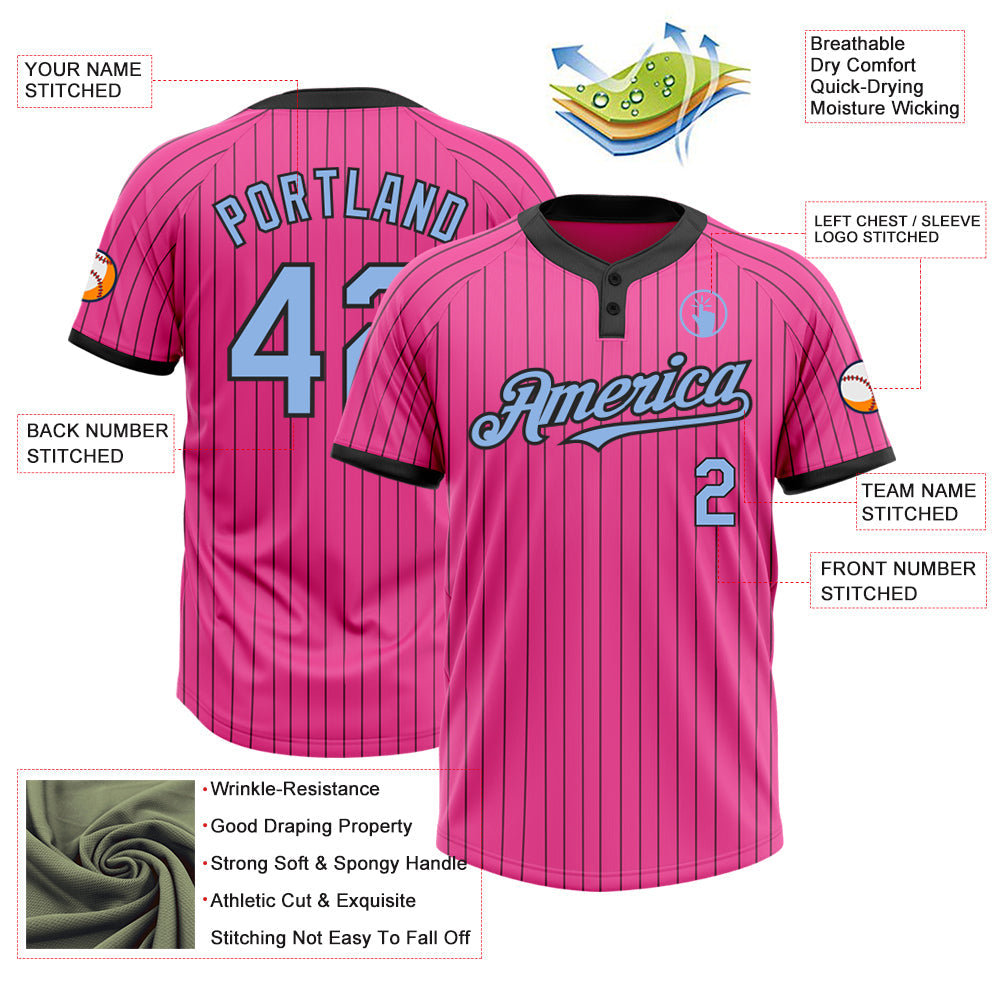 Custom Pink Black Pinstripe Light Blue Two-Button Unisex Softball Jersey Limited