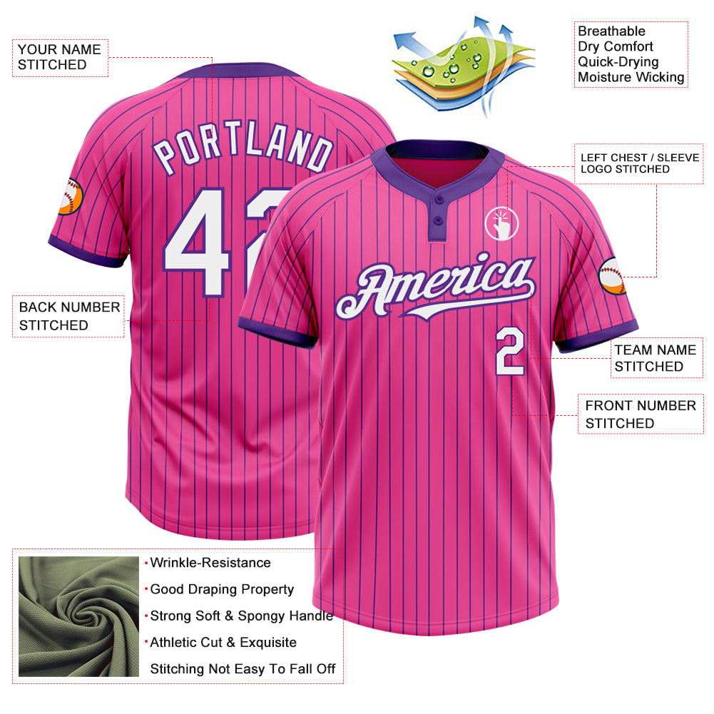 Custom Pink Purple Pinstripe White Two-Button Unisex Softball Jersey Limited