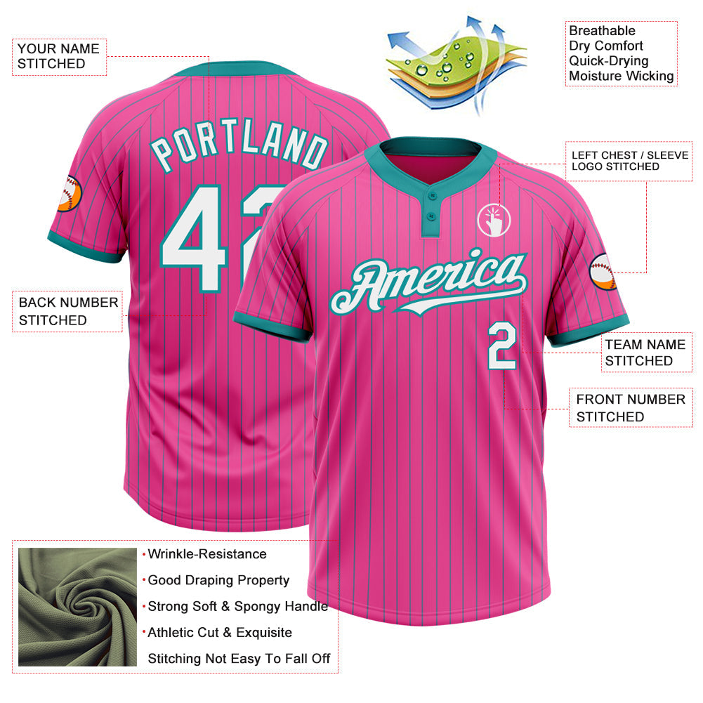 Custom Pink Teal Pinstripe White Two-Button Unisex Softball Jersey Limited