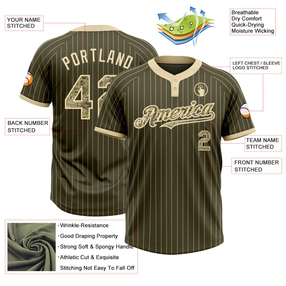 Custom Olive Cream Pinstripe Camo Salute To Service Two-Button Unisex Softball Jersey Limited