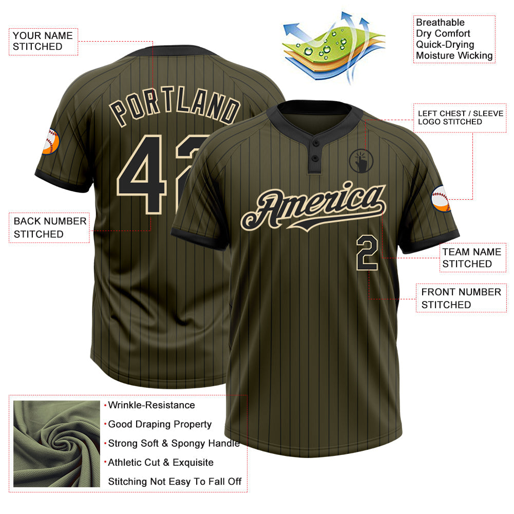 Custom Olive Black Pinstripe Cream Salute To Service Two-Button Unisex Softball Jersey Limited