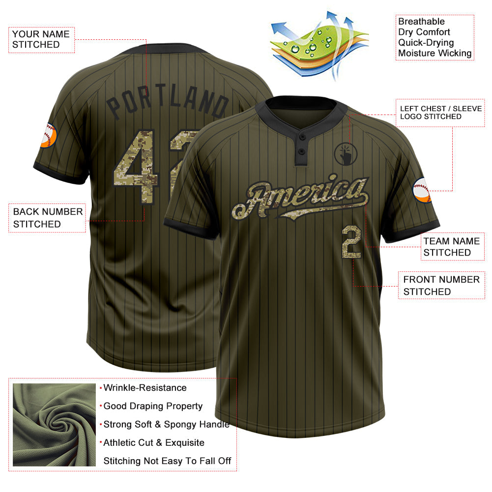 Custom Olive Black Pinstripe Camo Salute To Service Two-Button Unisex Softball Jersey Limited