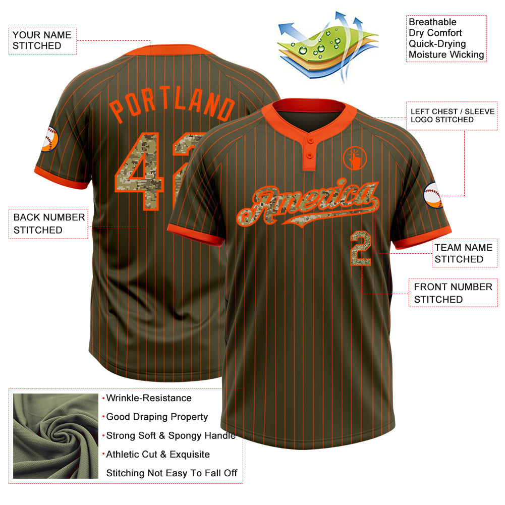 Custom Olive Orange Pinstripe Camo Salute To Service Two-Button Unisex Softball Jersey Limited