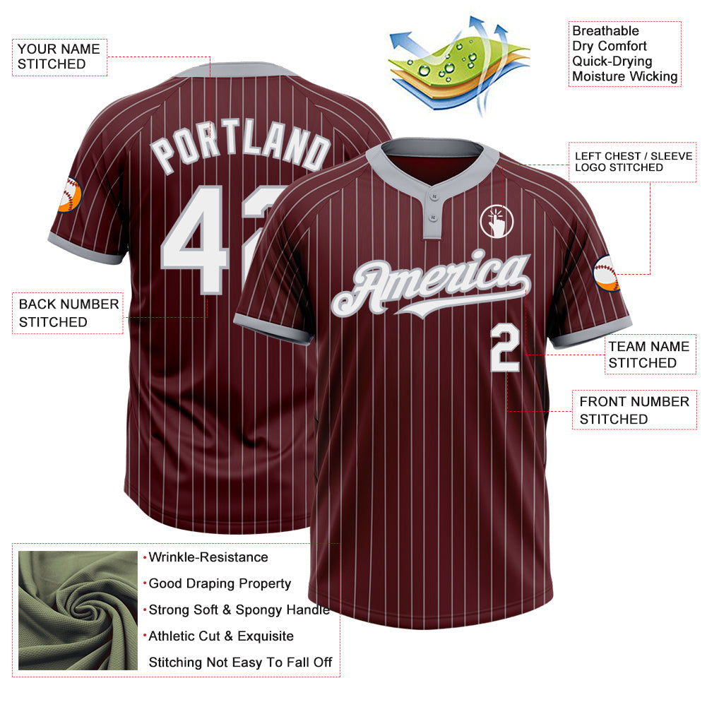Custom Burgundy Gray Pinstripe White Two-Button Unisex Softball Jersey Limited
