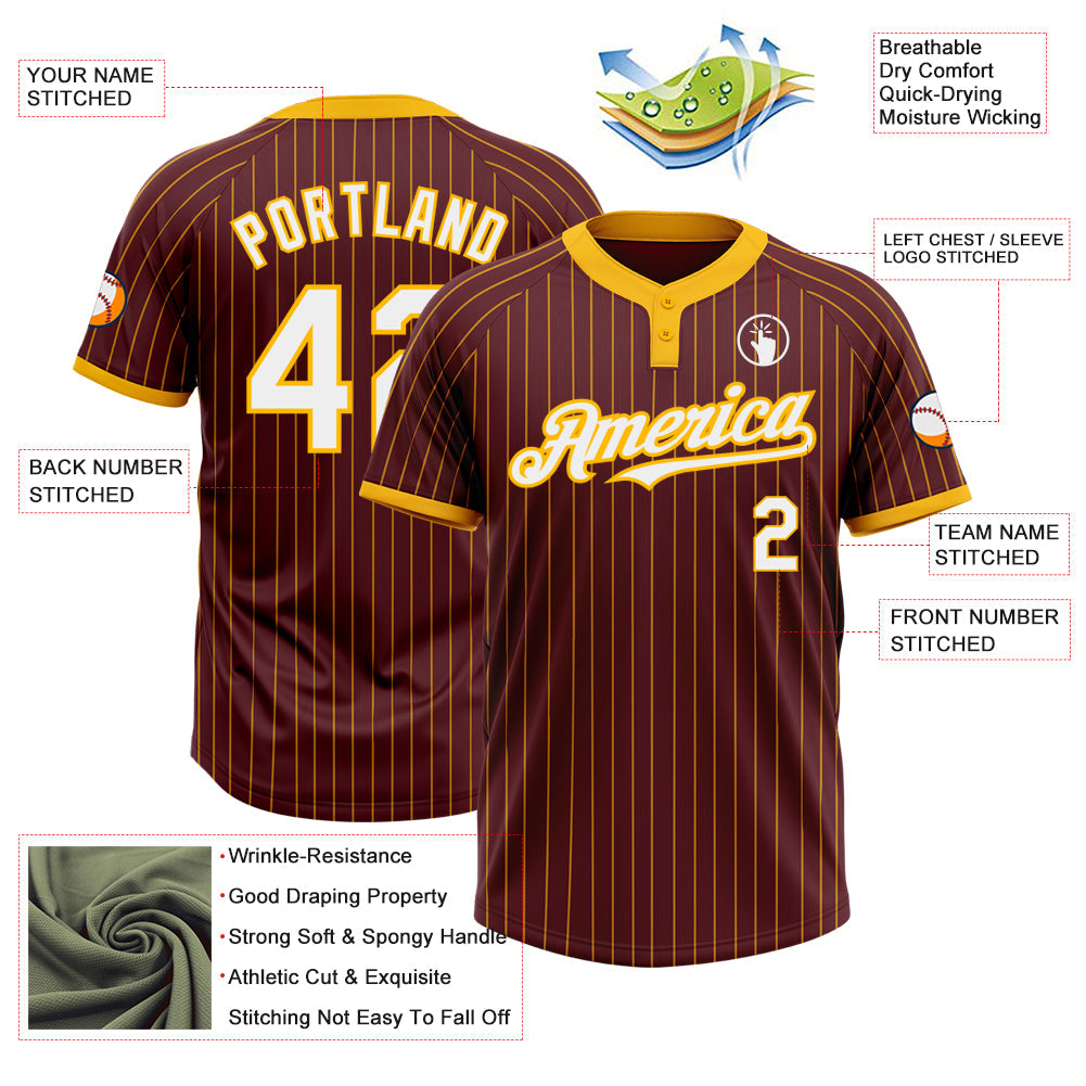 Custom Burgundy Gold Pinstripe White Two-Button Unisex Softball Jersey Limited