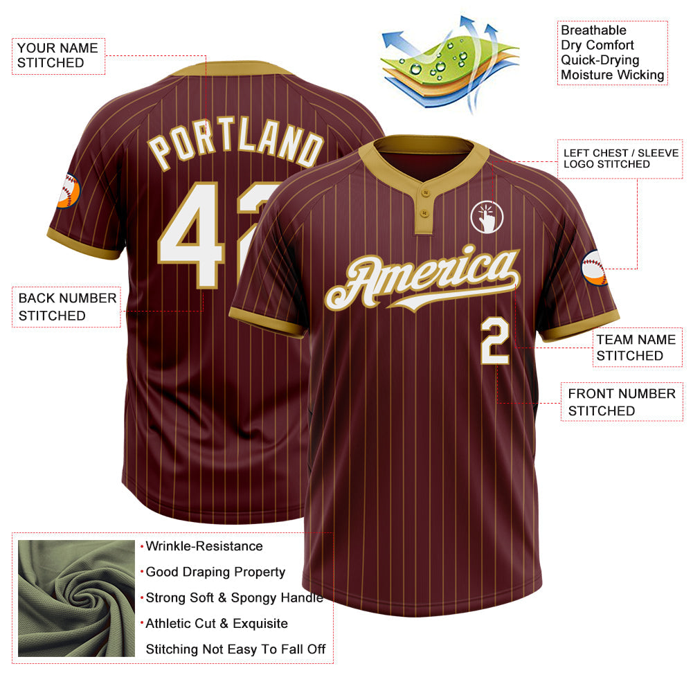 Custom Burgundy Old Gold Pinstripe White Two-Button Unisex Softball Jersey Limited