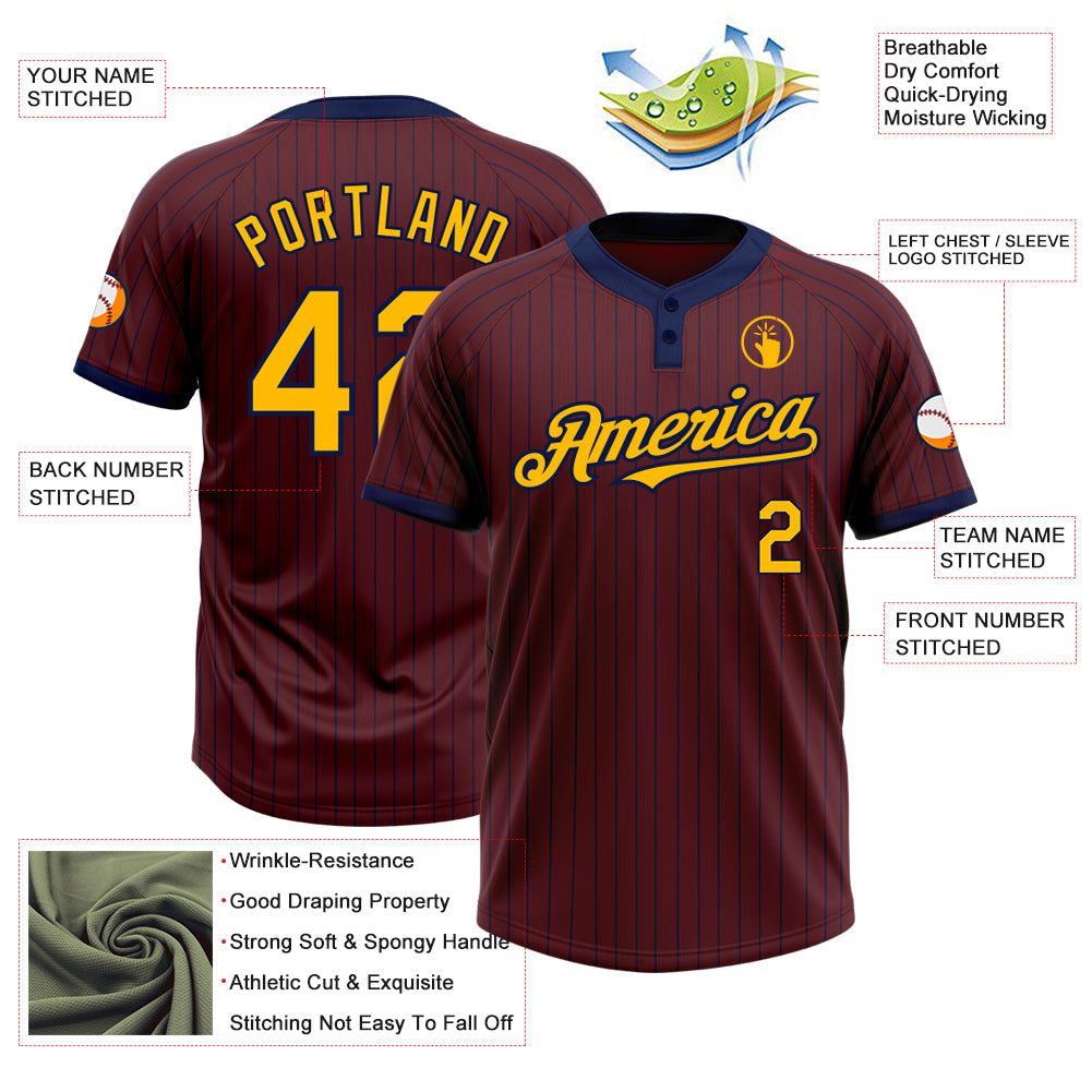 Custom Burgundy Navy Pinstripe Gold Two-Button Unisex Softball Jersey Limited