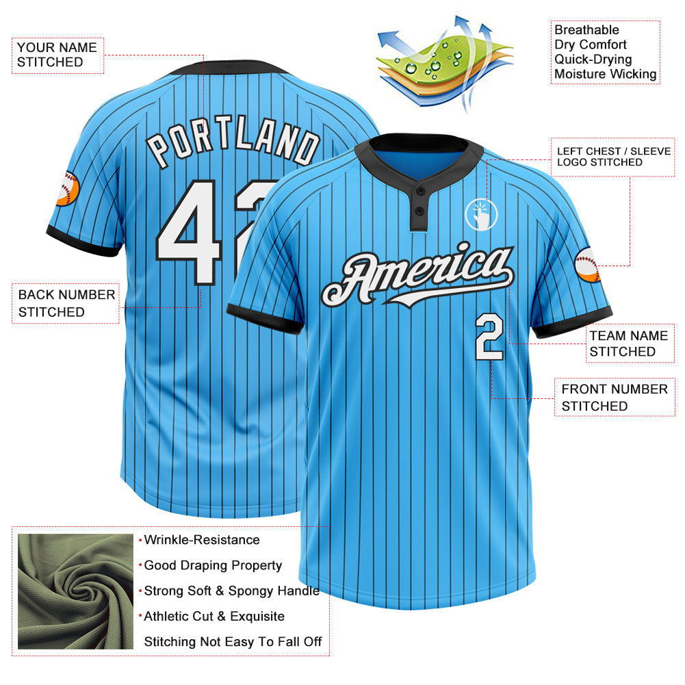 Custom Sky Blue Black Pinstripe White Two-Button Unisex Softball Jersey Limited