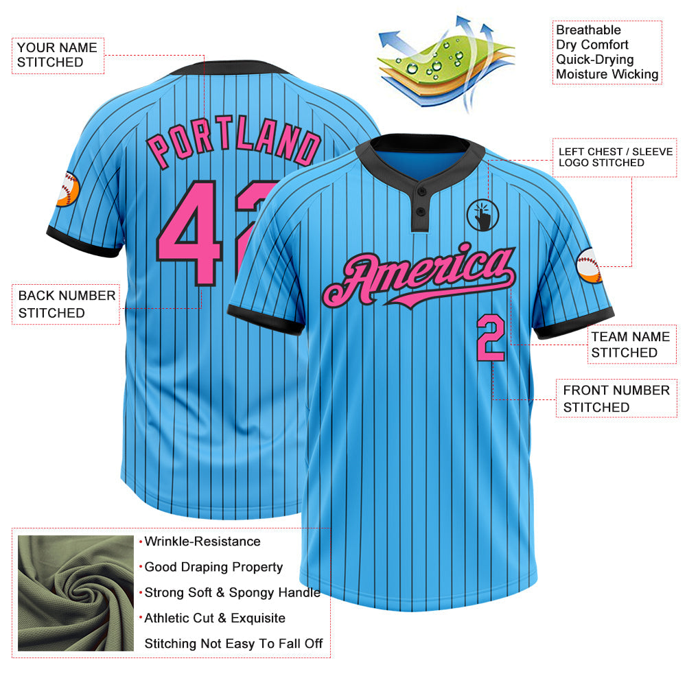 Custom Sky Blue Black Pinstripe Pink Two-Button Unisex Softball Jersey Limited