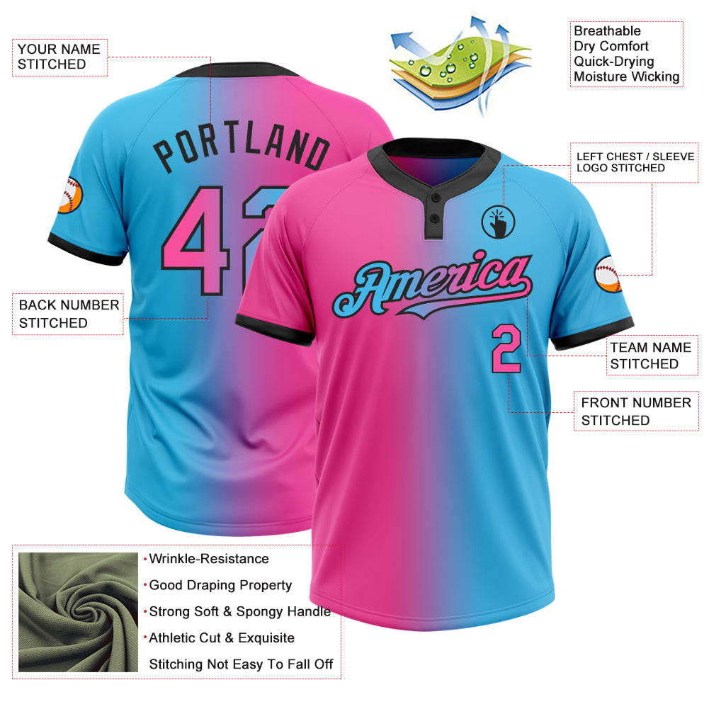 Custom Sky Blue Pink-Black Gradient Fashion Two-Button Unisex Softball Jersey Limited