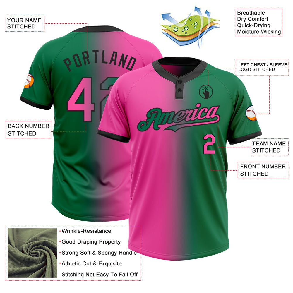 Custom Kelly Green Pink-Black Gradient Fashion Two-Button Unisex Softball Jersey Limited