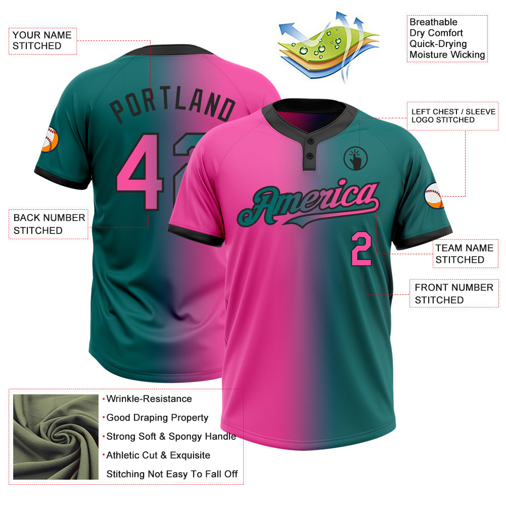 Custom Teal Pink-Black Gradient Fashion Two-Button Unisex Softball Jersey Limited
