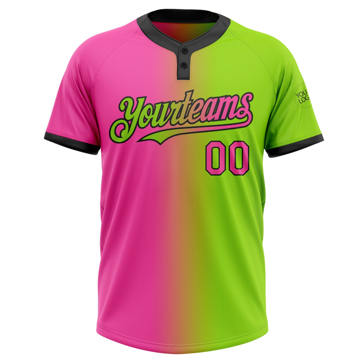 Custom Neon Green Pink-Black Gradient Fashion Two-Button Unisex Softball Jersey Limited