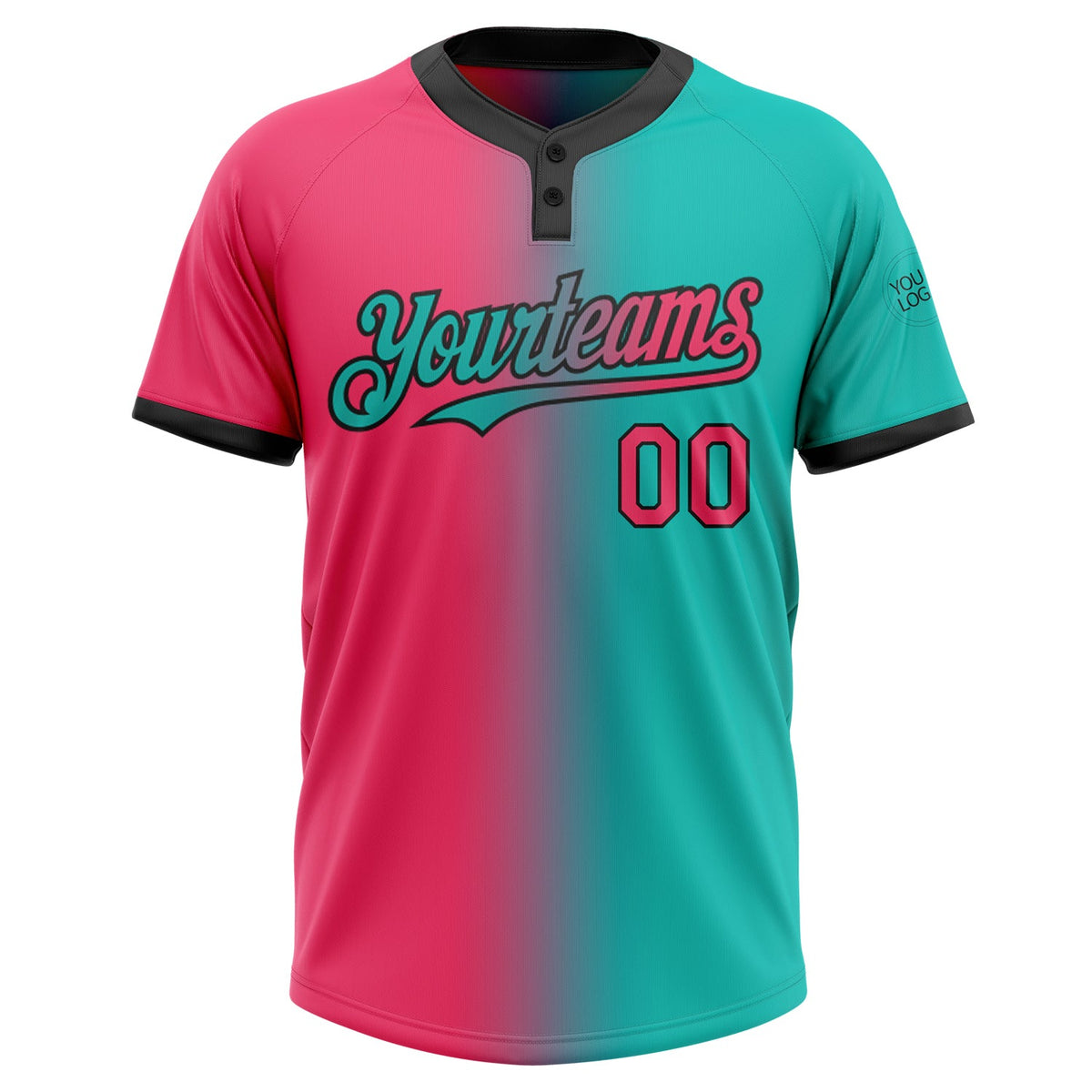 Custom Aqua Neon Pink-Black Gradient Fashion Two-Button Unisex Softball Jersey Limited