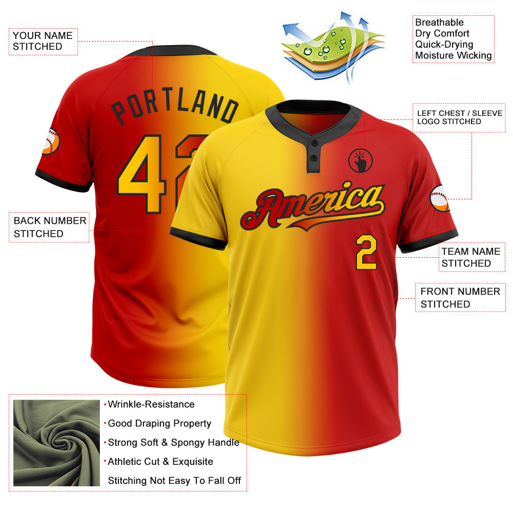 Custom Red Yellow-Black Gradient Fashion Two-Button Unisex Softball Jersey Limited